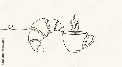 Minimalist Single Line Drawing: Croissant and Steaming Coffee Cup