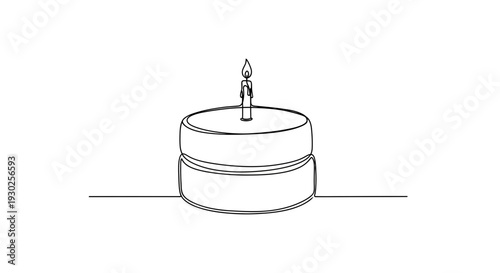 Minimalist single line drawing of a birthday cake with a lit candle