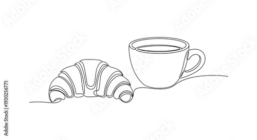 Minimalist single line drawing of a croissant and a cup of coffee, breakfast concept