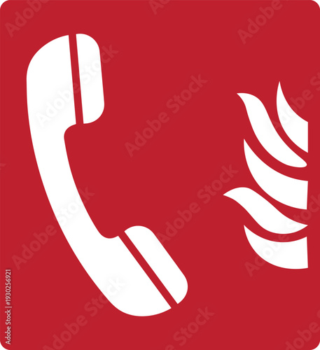 Fire emergency telephone safety sign with phone handset and flames