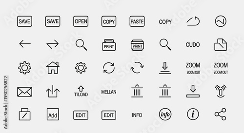 Minimalist UI Icons Set: Save, Open, Copy, Paste, Print, Zoom, Edit, Download