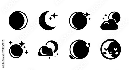 Moon Phases Icons Set, Crescent, Full Moon, Stars, Clouds, Night Sky