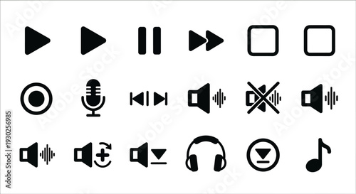 Multimedia Player Icons Set: Play, Pause, Stop, Rewind, Fast Forward, Record, Mic