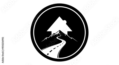Mountain Road Leading to House Silhouette in Circle Logo