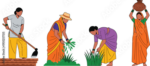 Indian Village Women Farming and Rural Work Illustration Set with Agriculture Harvest and Traditional Lifestyle