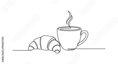 Minimalist line art of a steaming coffee cup and a croissant, perfect for breakfast or cafe themes.