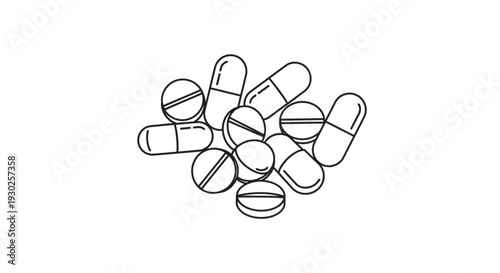 A cluster of assorted pills and capsules arranged together, viewed from directly above, in a simple line drawing style