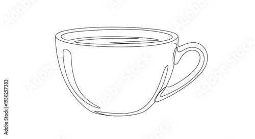Minimalist line drawing of a coffee cup with hot beverage, simple and clean design.
