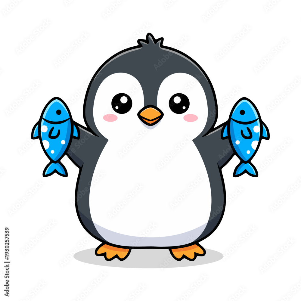 Fototapeta premium Cute Penguin Holding Fish in Hand Drawn Style Illustration