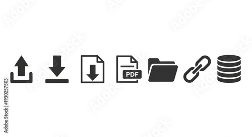 Icon set depicting upload, download, document, and data storage concepts in a minimalist style