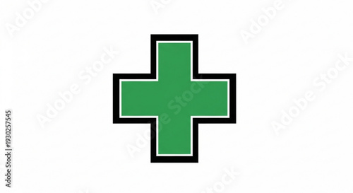 A green medical cross symbol centered on a neutral background viewed directly from the front