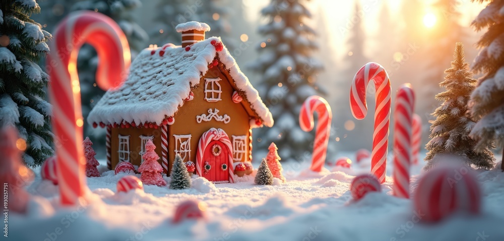 Obraz premium Gingerbread house sits in snowy winter landscape. Candy canes dot scene, evoking Christmas spirit and festive holiday cheer. Sweet decorations abound near frosted evergreen trees. Winter wonderland.