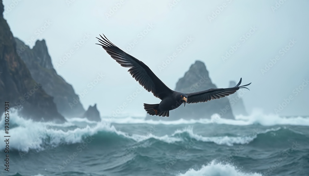 Naklejka premium Dark bird soars over wild ocean waves near rocky islands. Stormy weather creates powerful seas and dramatic seascape. Bird flies freely in harsh natural environment.