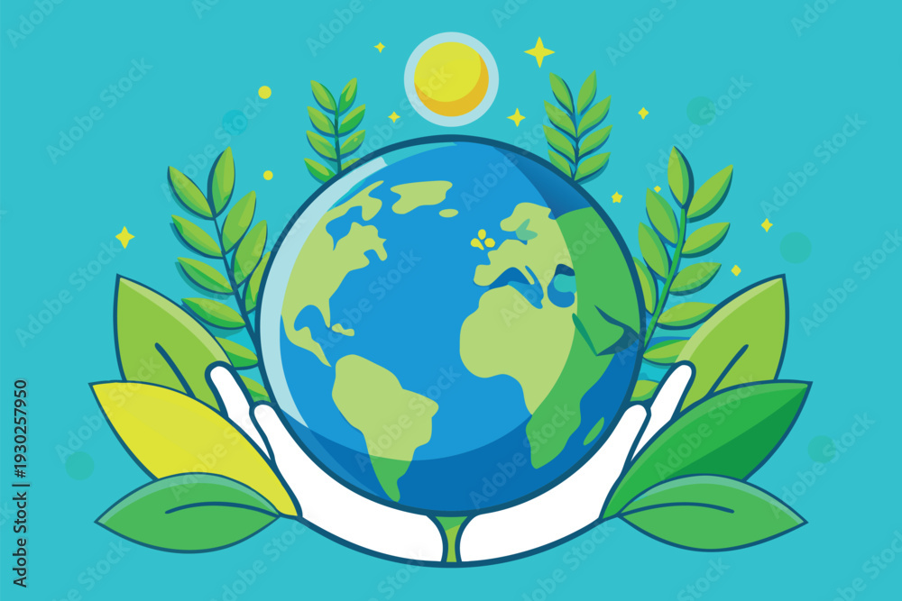 Naklejka premium Hands Holding Earth Surrounded by Green Leaves and Sunlight for Environmental Protection and Sustainability