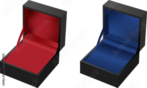 Two open luxury gift boxes with velvet interior in red and blue, empty premium jewelry or watch packaging illustration
