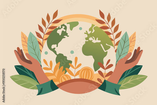 Warm-toned illustration of hands holding the Earth amid leaves and plants, conveying environmental care, sustainability, global ecology and harmony between people and nature.