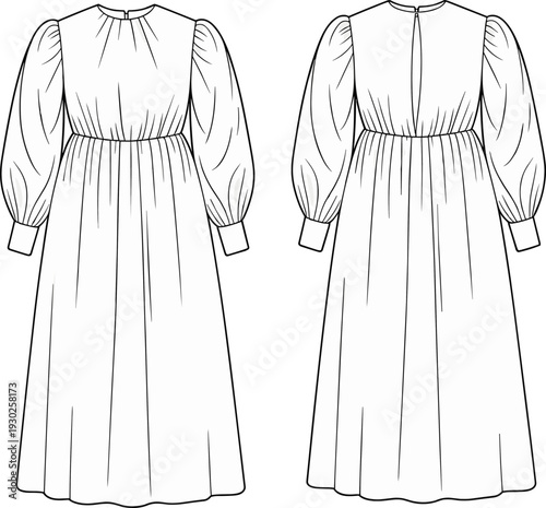 Flat vector CAD drawing of long sleeve gathered waist maxi dress with round neckline, front and back view, fashion technical illustration