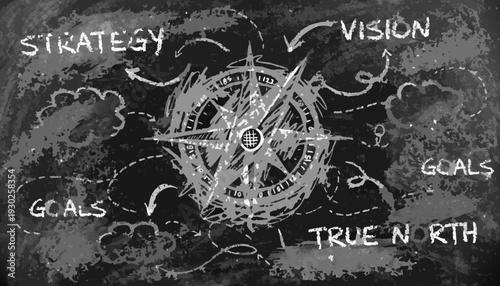 A conceptual vector illustration of a compass with strategy and vision guiding towards true north, surrounded by goals and aspirations
