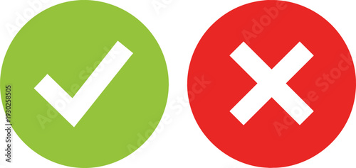 Green Check and Red Cross Circle Icons with Yes and No Symbols for Approval, Rejection, and User Interface Design