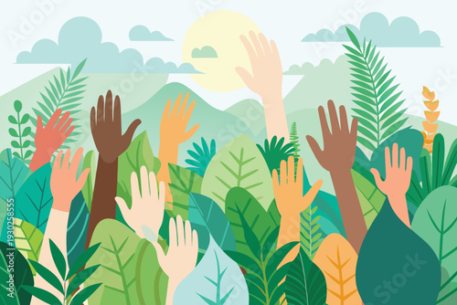 Diverse hands reach upward from lush green foliage toward the sun, symbolizing community, unity, environmental activism and collective support for nature, conservation and social causes.