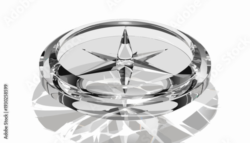 A crystal compass with a star-shaped pointer on a reflective surface, vector illustration