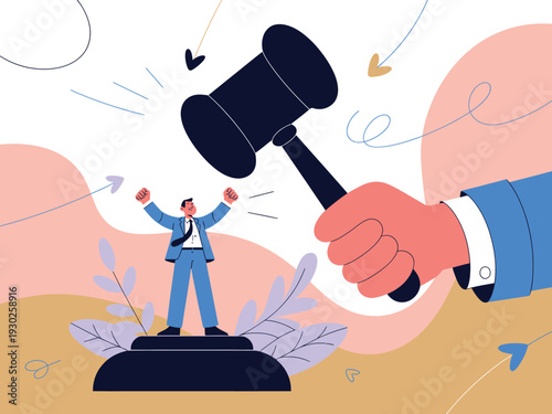 Man celebrating on podium under giant auction gavel, representing justice, judgment, and legal victory