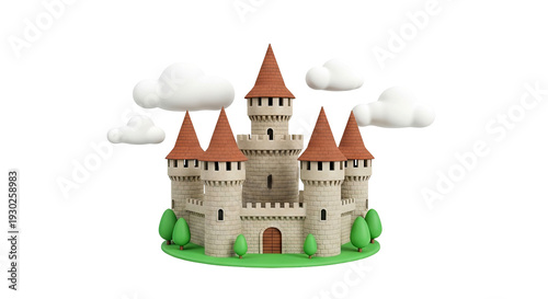 Cartoon Castle with Clouds and Trees