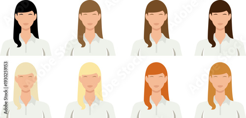 Vector illustration set of eight women with long hair in different colors and styles, all wearing white collared shirts. Perfect for fashion, diversity, character design, and flat vector projects.