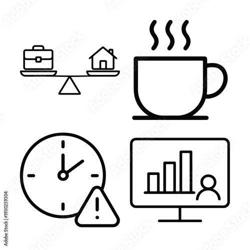 Worklife balance icons set briefcase vs house on scale, steaming coffee cup, clock with warning sign, and monitor with bar chart and person