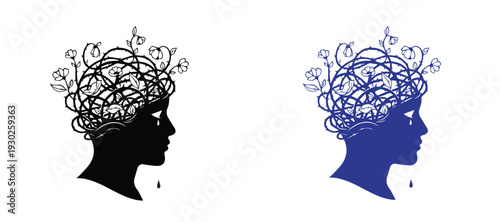Mental Health Awareness Icon of Human Profile with Tangled Thoughts and Blooming Flowers, Concept of Psychology Therapy Neurodiversity and Emotional Healing, Vector Illustration in Black and Blue