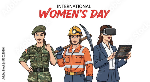 Three diverse women in different professions celebrating International Women's Day, symbolizing empowerment, equality, and leadership.