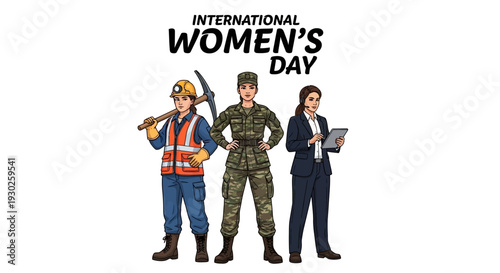 Three women in different professions celebrating International Women's Day with a construction worker, soldier, and businesswoman.