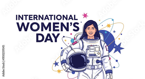 Illustration of a woman in a spacesuit celebrating International Women's Day with colorful stars and confetti.