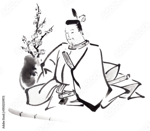 水墨で描いた天神様　学問の神様　梅
