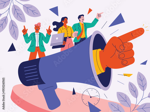 Diverse team using megaphone and laptop, announcing and promoting, pointing forward with confidence