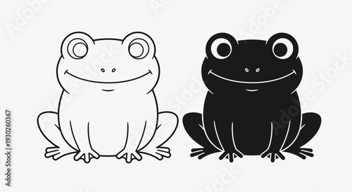 Frog Cartoon Outline and Silhouette – Cute Amphibian Vector Illustration