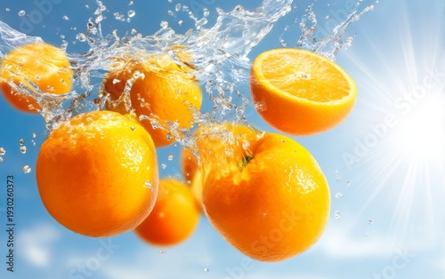 Splashing Oranges in Vibrant Liquid Against Sky Background