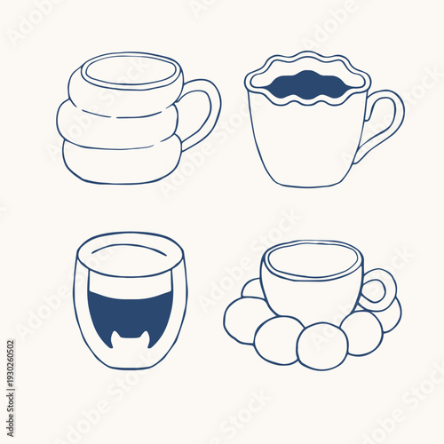 Coffee mugs and cups in various trendy fantasy shapes. Hand drawn doodle coffee and tea drinks