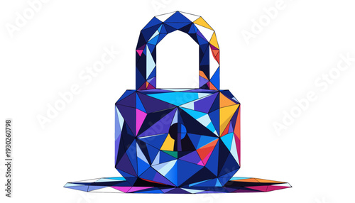 A vibrant, low-poly geometric lock icon on a neutral background, symbolizing security and technology.