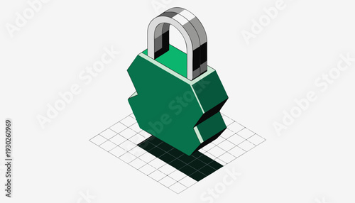 Isometric vector illustration of a secure lock on a grid surface showcasing digital security