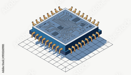 A retro-futuristic vector illustration of a microchip on a grid, viewed from above in a technological environment
