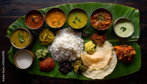 Authentic South Indian vegetarian meal served on a banana leaf with steamed rice, various curries, chutney, papadum, and side dishes.