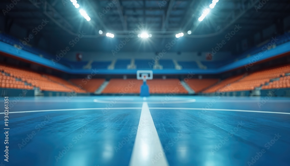 Naklejka premium Blue futsal court empty arena with orange seats under bright lights. Indoor sport stadium perspective with court lines visible. Ready for game.