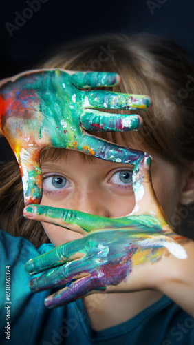Vertical close-up of colorful painted hands framing girl's eyes for artistic expression and social media