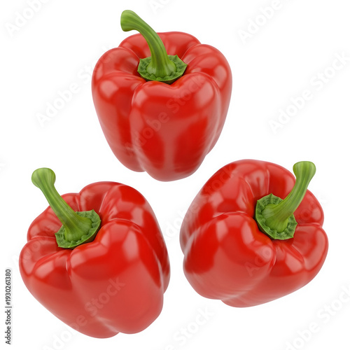 Three fresh red bell peppers with green stems isolated on transparent background