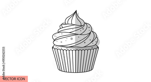 Simple Line Art Cupcake Icon with Swirl Frosting and Shadow