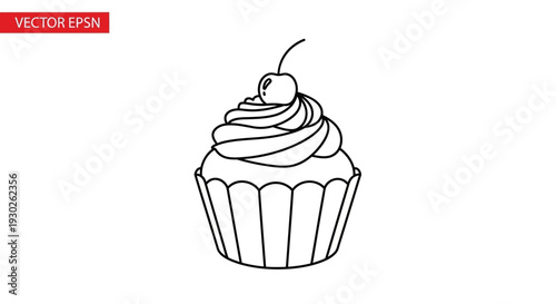 Simple Line Art Cupcake with Cherry on Top
