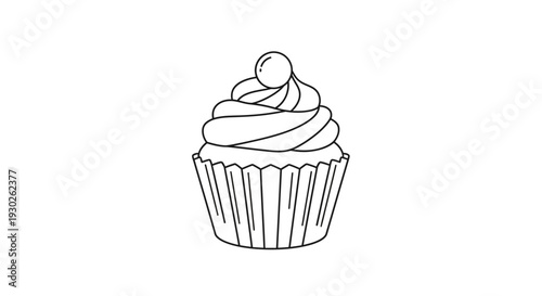 Simple Line Art Cupcake with Swirl Frosting and Cherry on Top