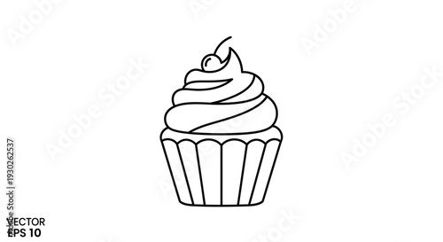 Simple line drawing of a cupcake with frosting and a cherry on top, isolated on white background.