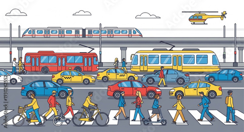 Busy City Street with People Crossing.